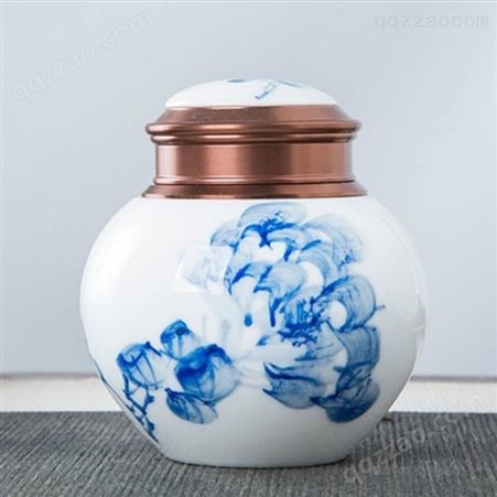 手绘青花陶瓷茶叶罐 红茶普洱密封罐金属盖储茶罐 陶瓷通用包装罐