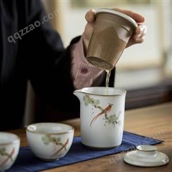 粉彩汝窑陶瓷功夫茶具 陶瓷盖碗公道杯分茶器 彩绘便携快客杯功夫茶具
