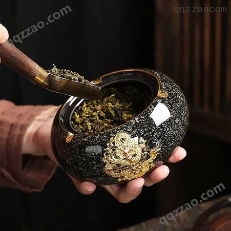 中式窑变天目釉陶瓷茶叶罐 家用陶瓷镶银密封罐 大号醒茶叶盒储存罐