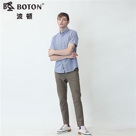 BOTON 灰色短袖免烫衬衫夏季新款男士商务休闲全棉工作服定制