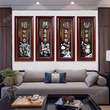 客厅沙发 背景墙装饰画 3d立体浮雕 新中式 四联玉雕挂画