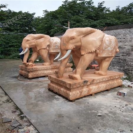 鑫燊石雕动物晚霞红大象门口石材雕塑工艺摆件定制