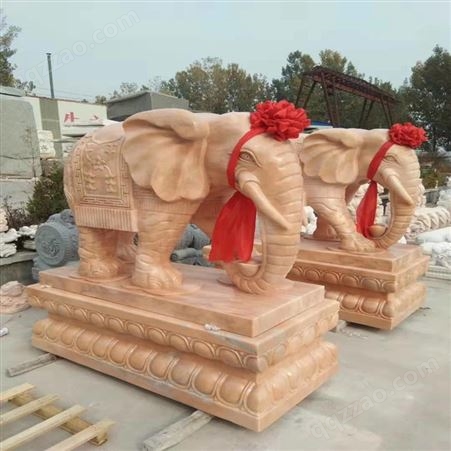 鑫燊石雕动物晚霞红大象门口石材雕塑工艺摆件定制