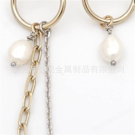 时尚潮流黄铜耳环混搭长短不规则错位链条巴洛克异形珍珠耳吊订购