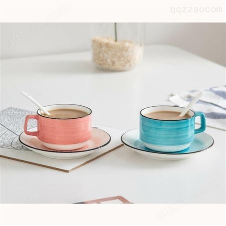 CODA手绘咖啡杯碟套装D1915家用办公室简约北欧风釉下彩陶瓷咖啡杯碟勺组合两人用套装
